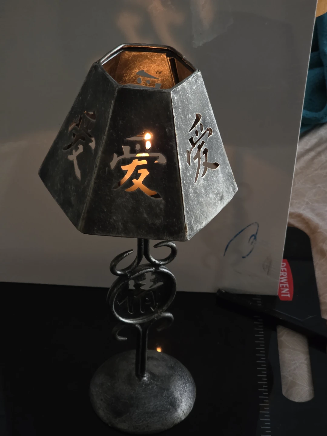 16" Metal Candle Holder Lantern with Japanese Characters - photo 2