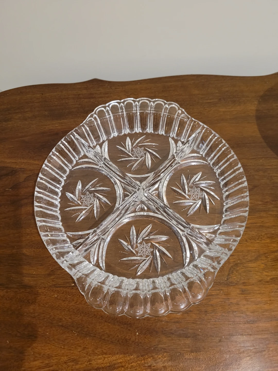 1970 European crystal 4 section serving platter with 2 handels