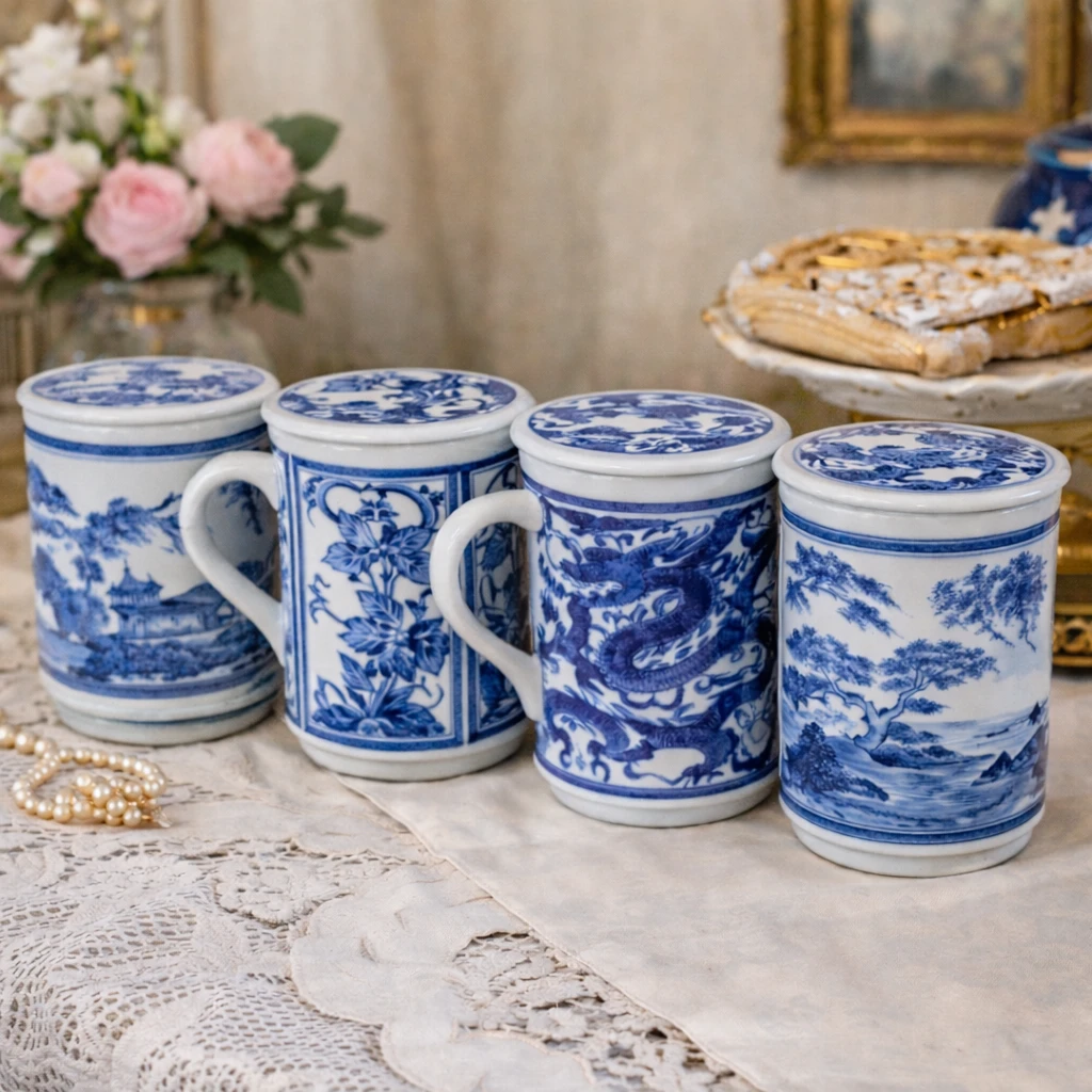 Set of 4 Blue and White Porcelain Tea Mugs with Lids