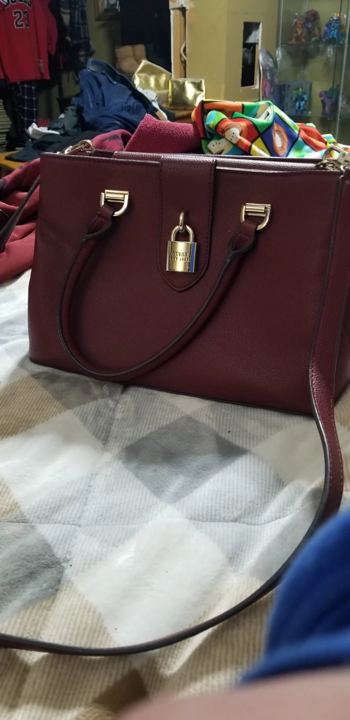Guess Burgundy Satchel Handbag with Lock Detail