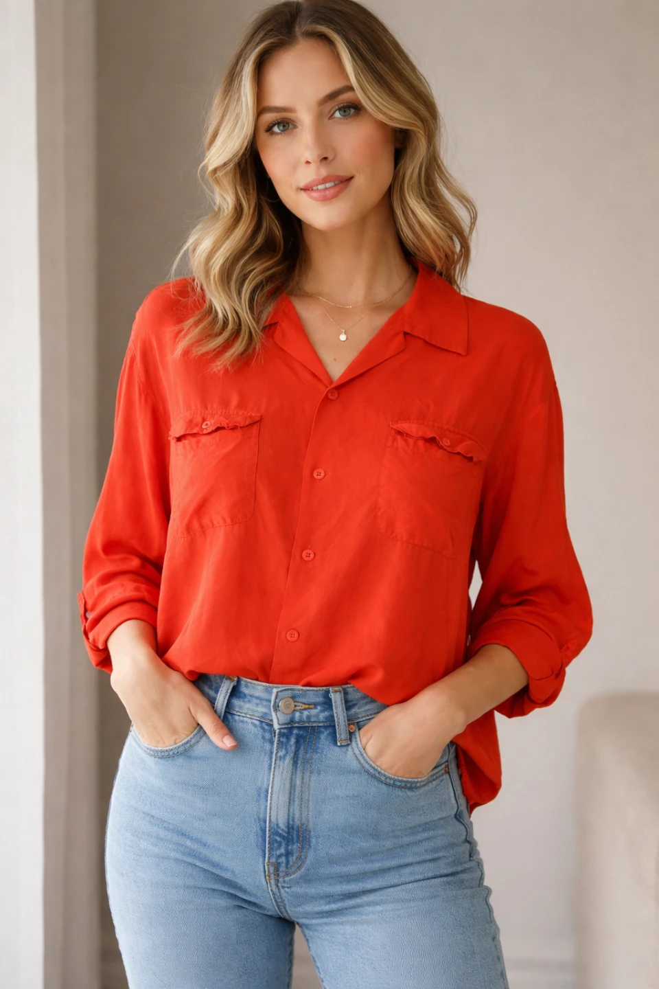 Neiman Marcus Orange Silk Long Sleeve Shirt - XL
