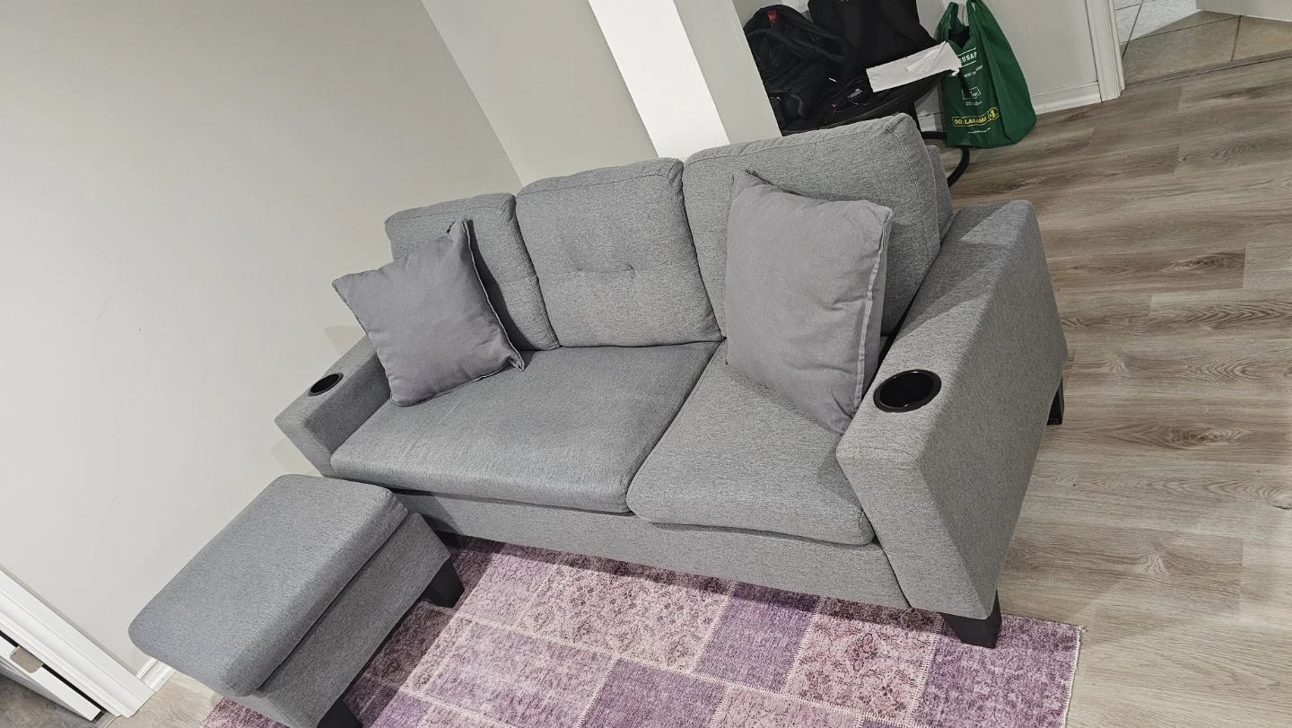 3 seater gray couch w/ separate footrest/table
