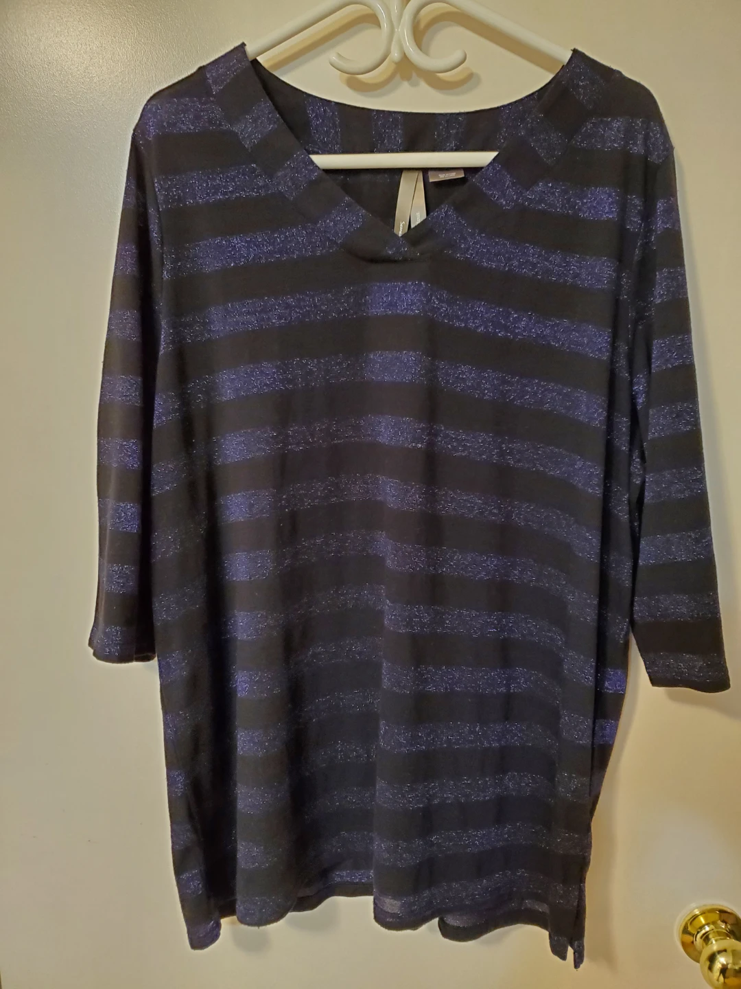 Black and Blue Striped Metallic Top - Size 1X