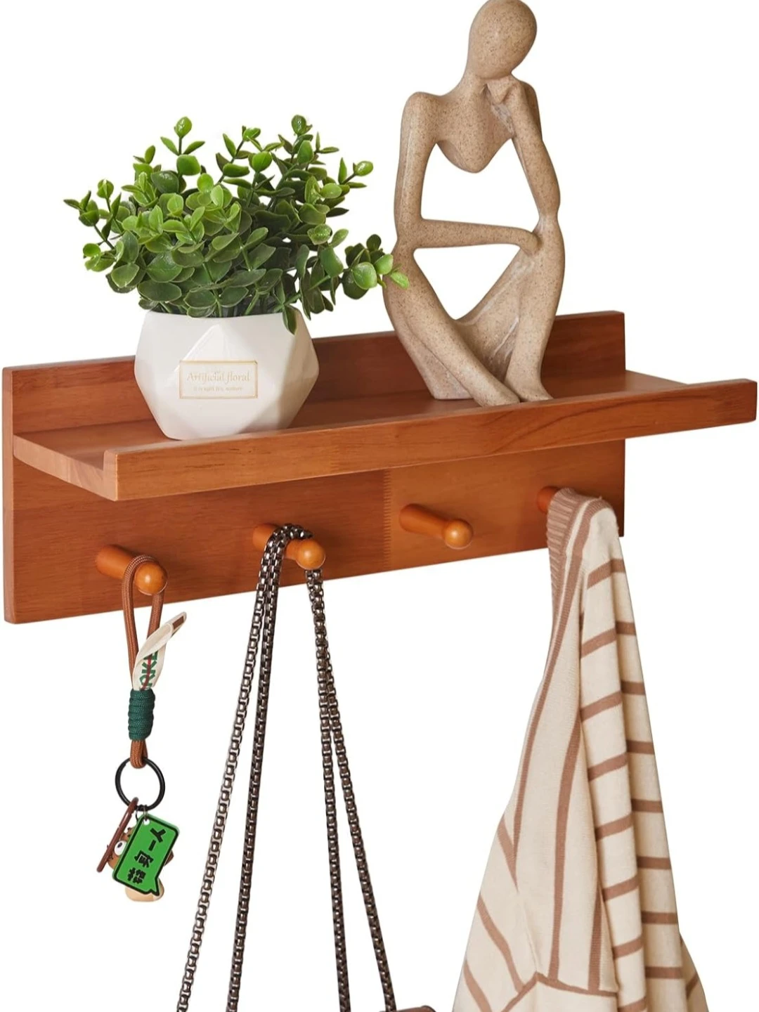 Wooden Wall Shelf with Hooks