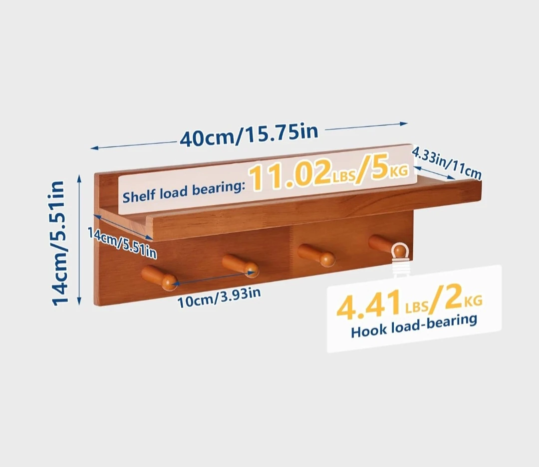 Wooden Wall Shelf with Hooks - photo 2