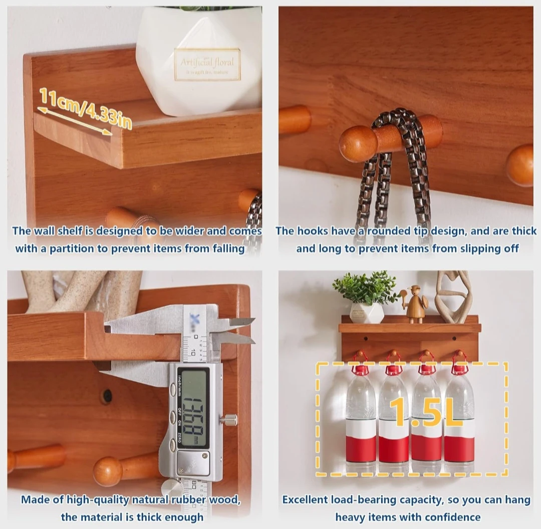 Wooden Wall Shelf with Hooks - photo 4