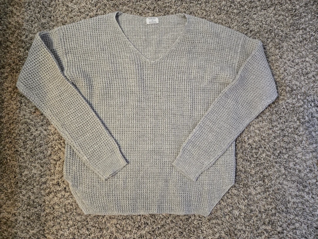Grey Waffle Knit V-Neck Sweater