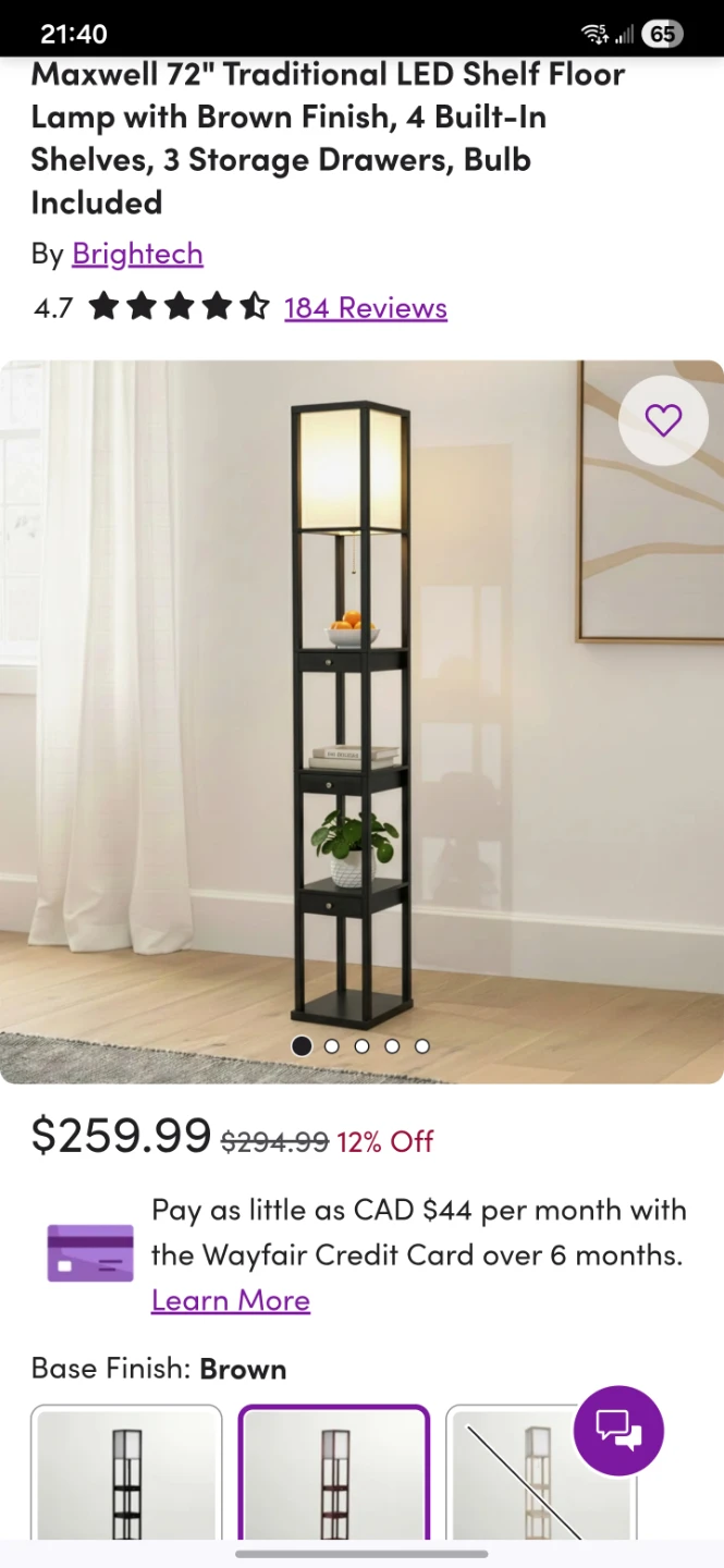 72" Traditional LED Shelf Floor Lamp with Black Finish
