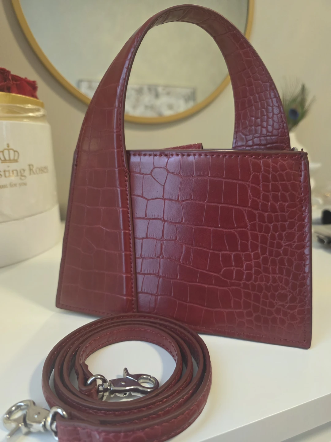 Zara Red Crocodile Embossed Handbag with Shoulder Strap