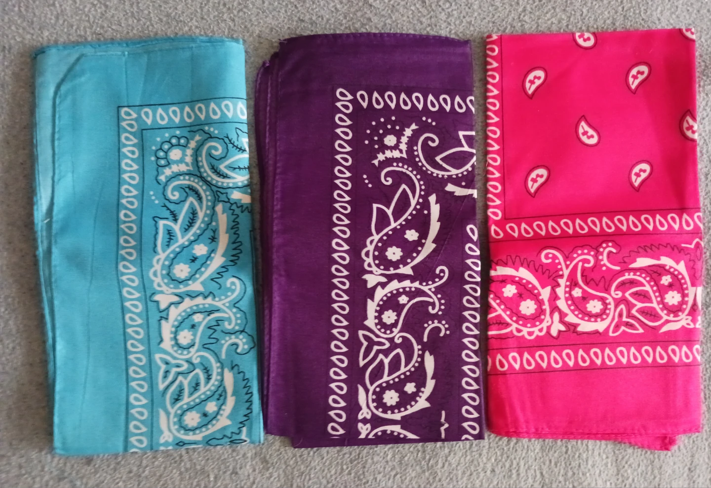 Set of 3 Paisley Bandanas - Blue, Purple, Pink