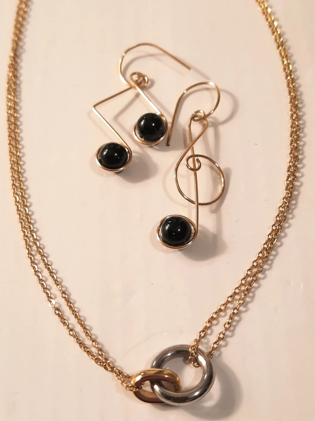 Gold-tone Necklace and Music Note Earrings Set with Black Beads