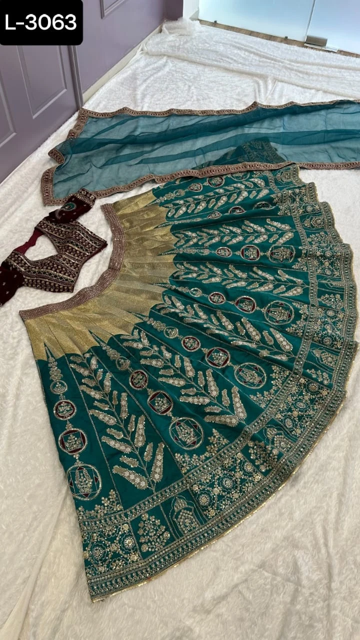 Teal and Gold Embroidered Lehenga Choli Set