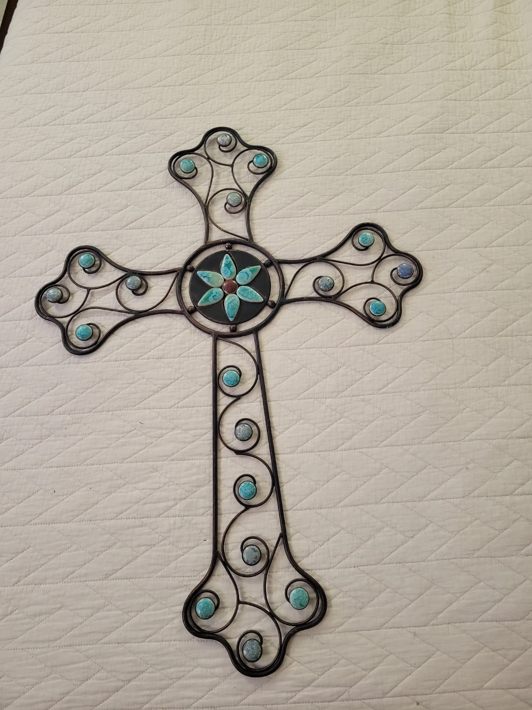 Western Style Metal Wall Cross with Turquoise Accents