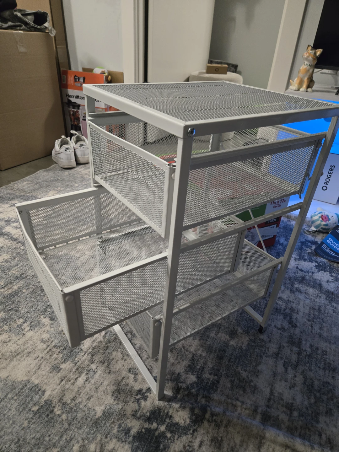 Grey Mesh Rolling Cart with 3 Drawers