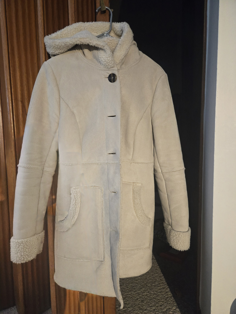 Women's Cream Suede & Sherpa Lined Hooded Coat