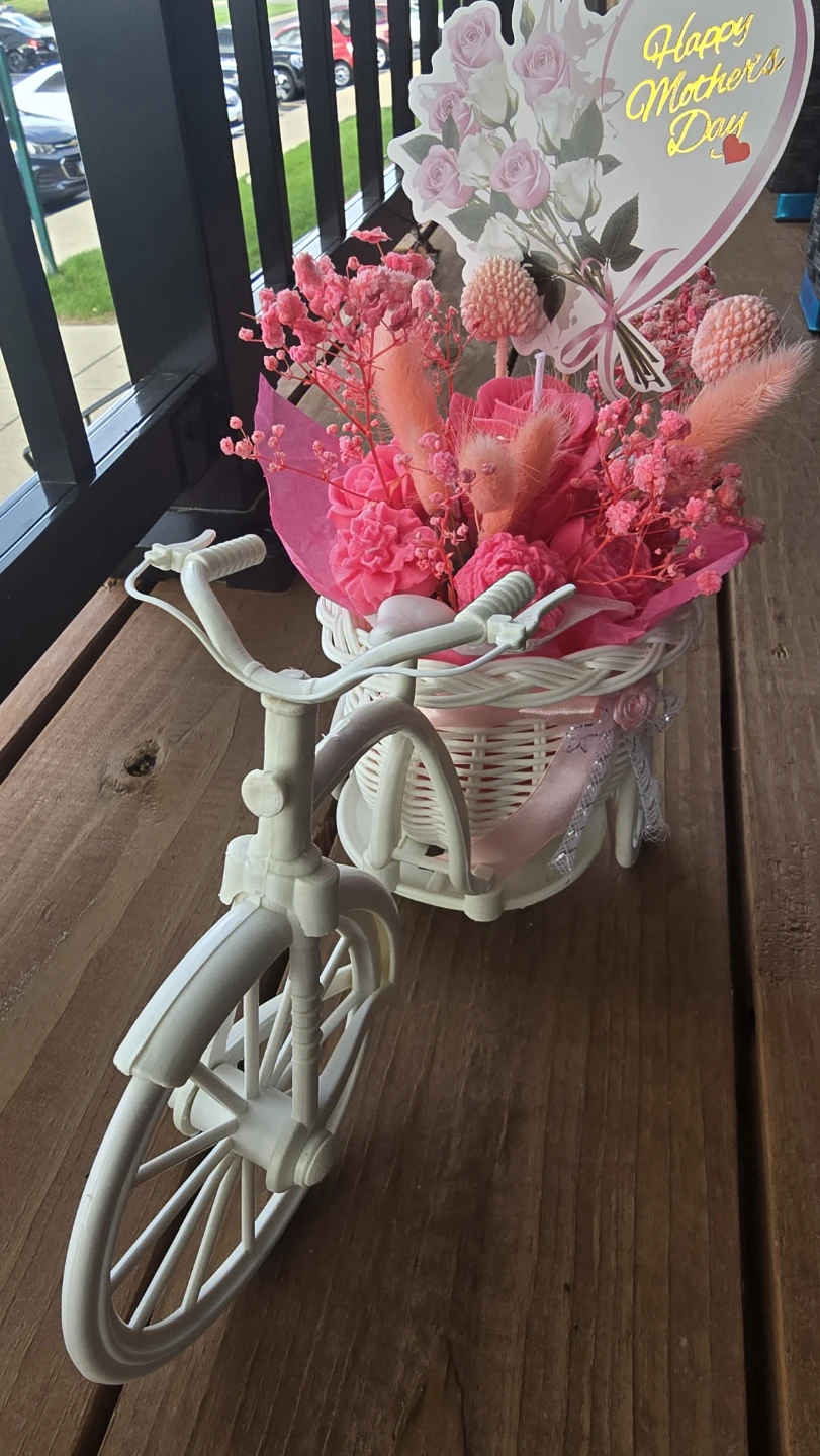White Tricycle Flower Basket with "Happy Mother's Day" Sign