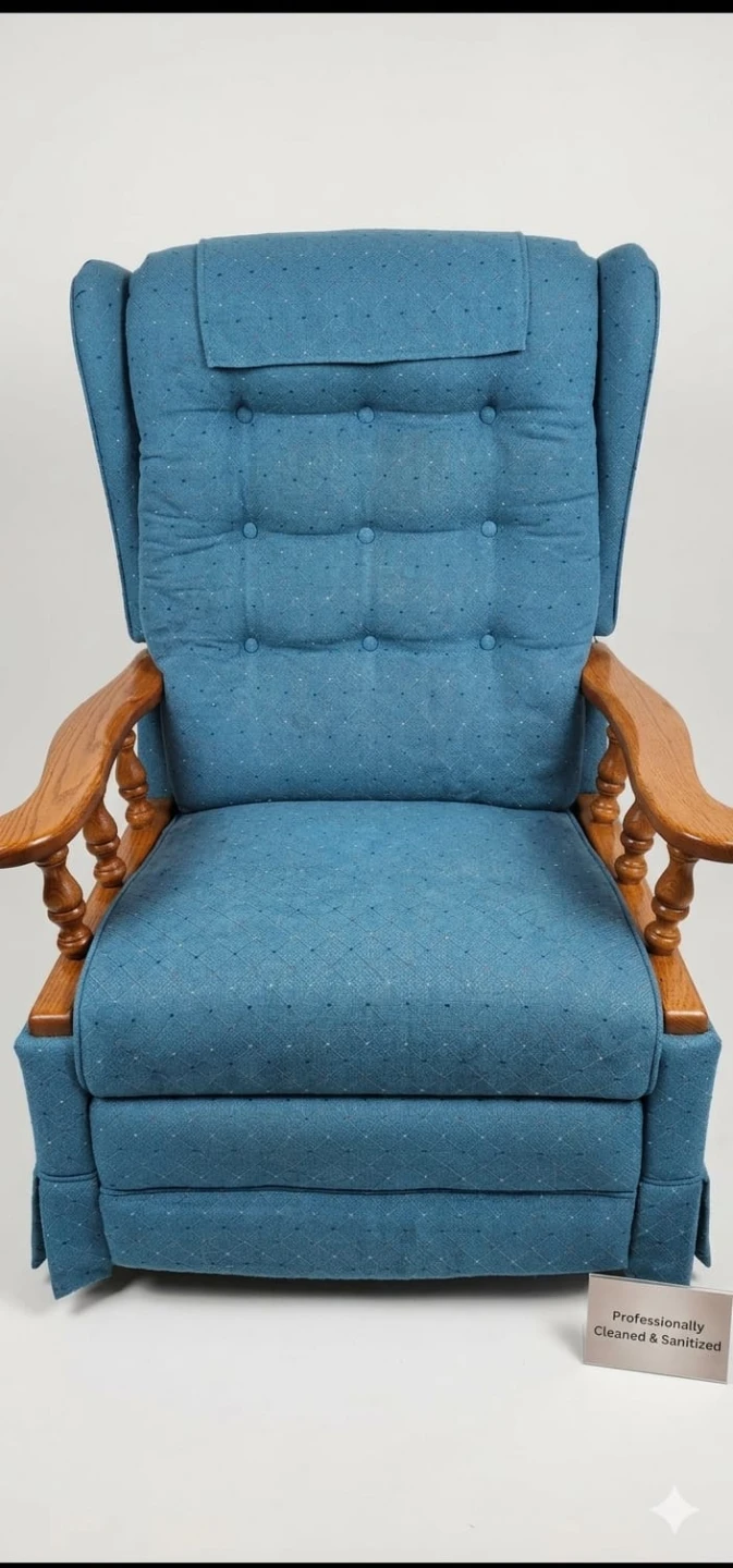 Blue Recliner Chair with Wooden Arms