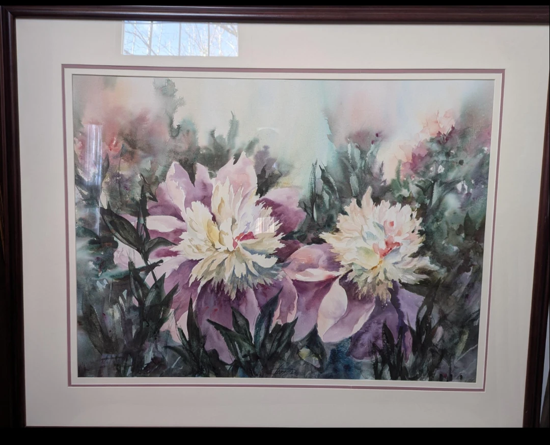 Large signed Watercolor Painting of Peonies by Fabio