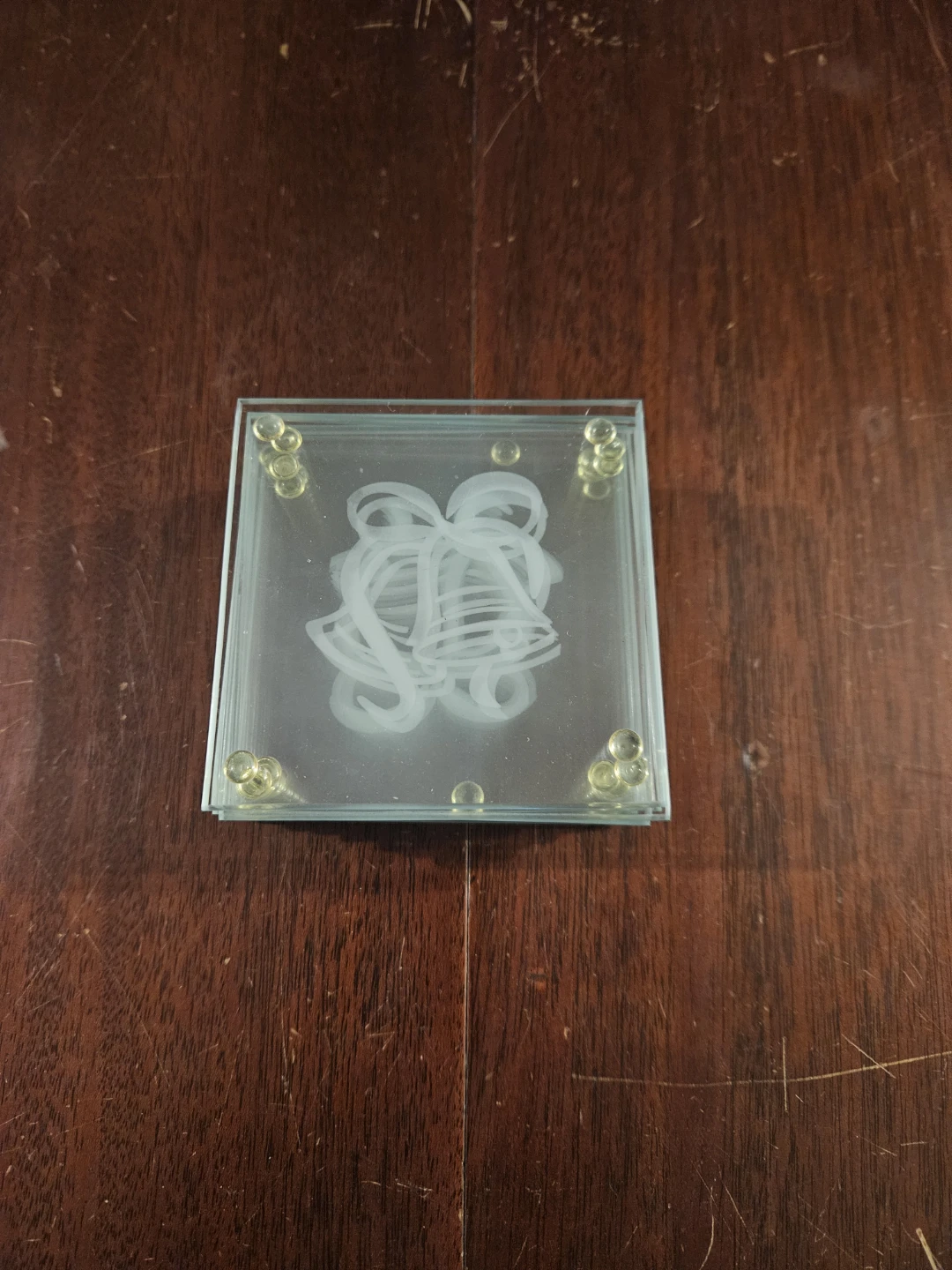 Set of 8 Etched Glass Coasters with Bell Design