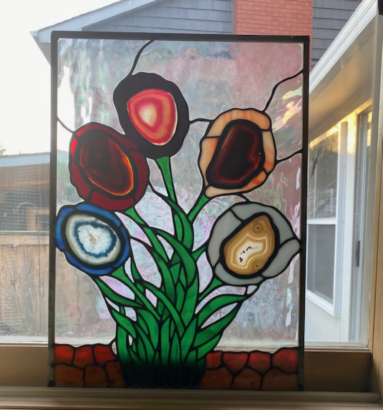 Stained Glass Panel with Agate Flowers
