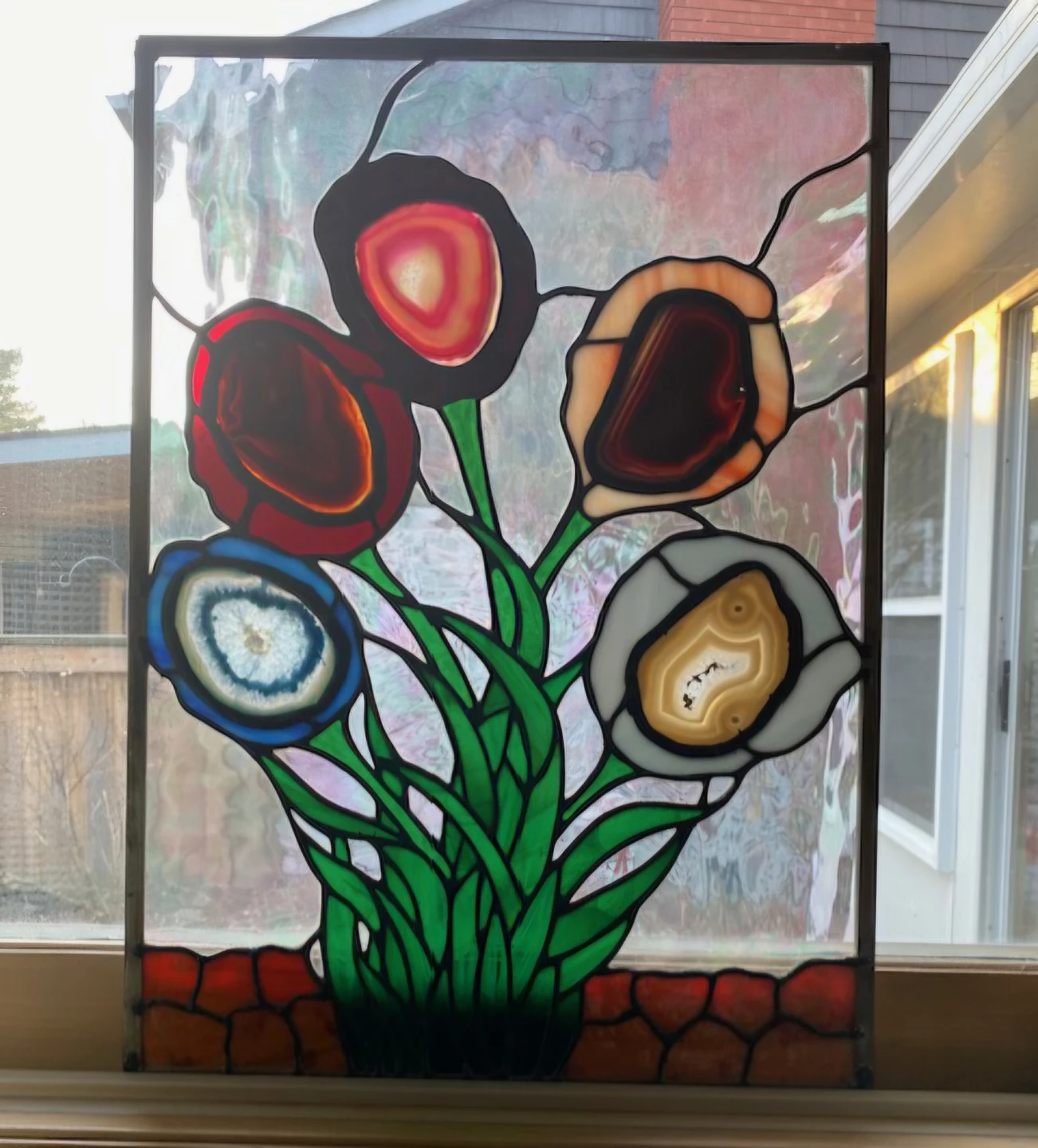 Stained Glass Panel with Agate Flowers - photo 2