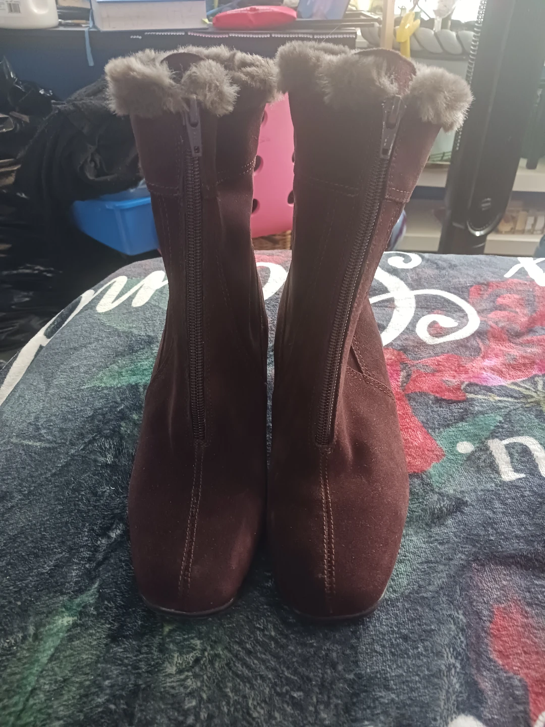 Brown Faux Suede Ankle Boots with Fur Trim