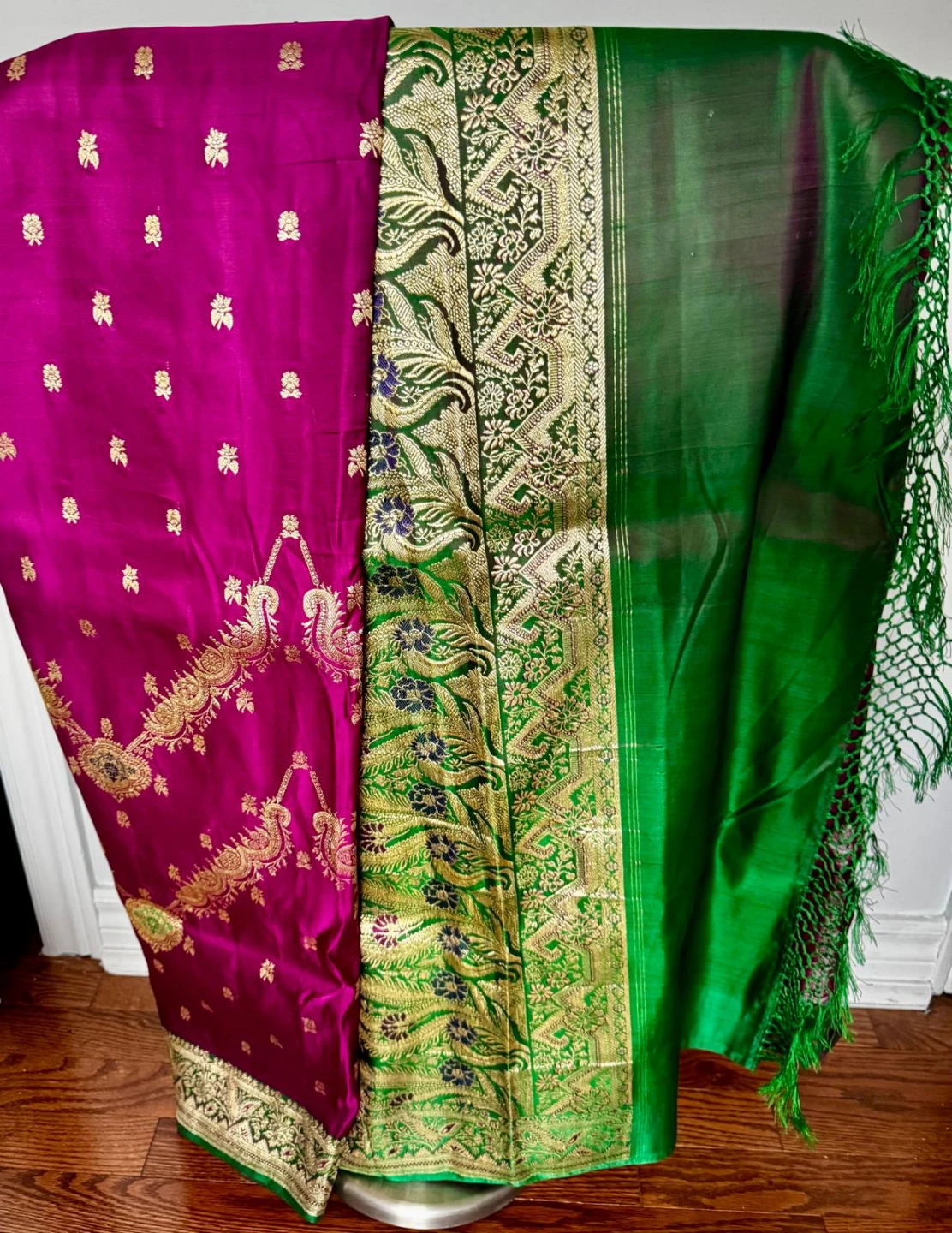 Deep Magenta Banarasi sari  Emerald  green border