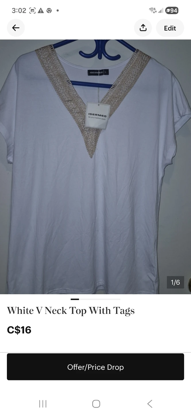 ISERMEO White V Neck Top with Lace Trim - Size L