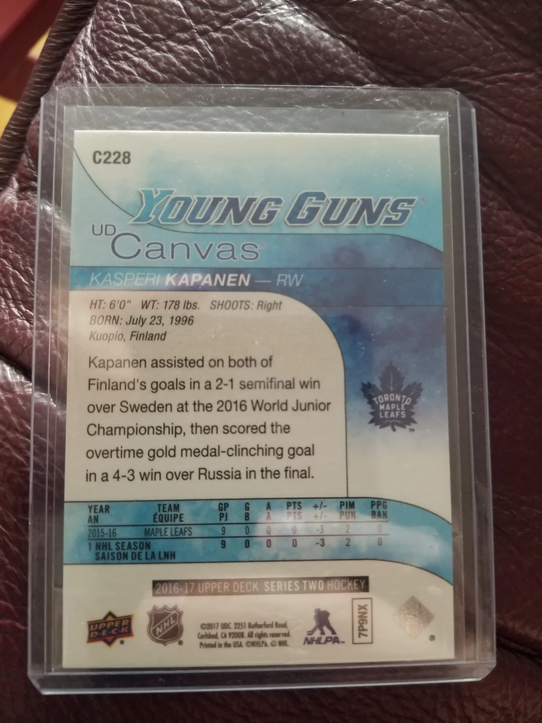 2016-17 Upper Deck Young Guns Canvas Kasperi Kapanen Hockey Card - photo 2