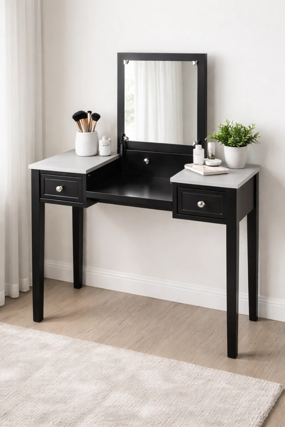 Black Vanity Table with Mirror and Drawers