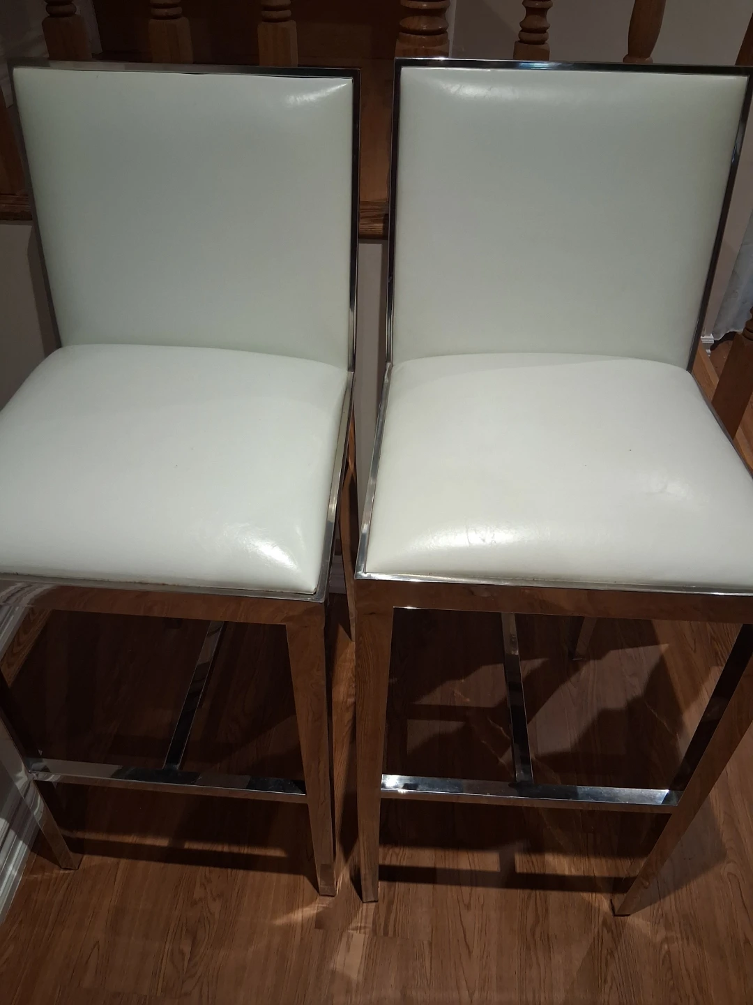 2 White Leather Bar Stools with Chrome Frame