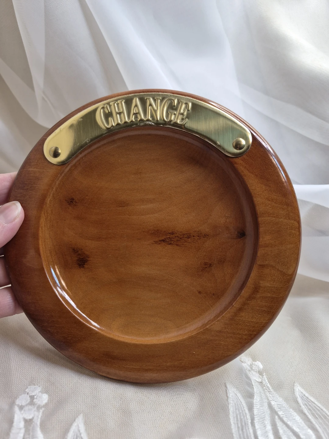 6 3/4" Round Retro Wooden Coin Change Dish w/Brass Emblem