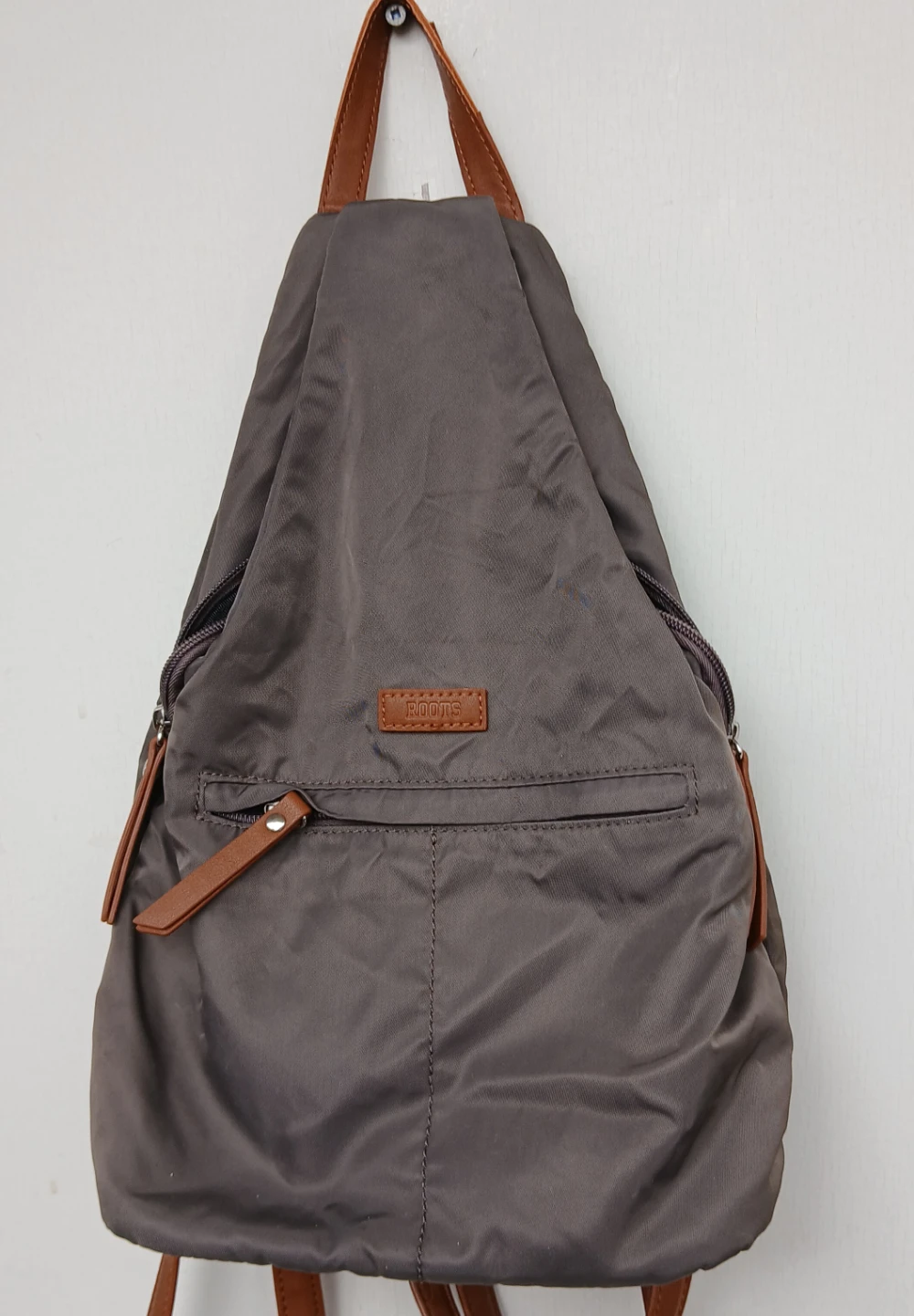 Roots Backpack - Grey Nylon with Brown Faux Leather Accents