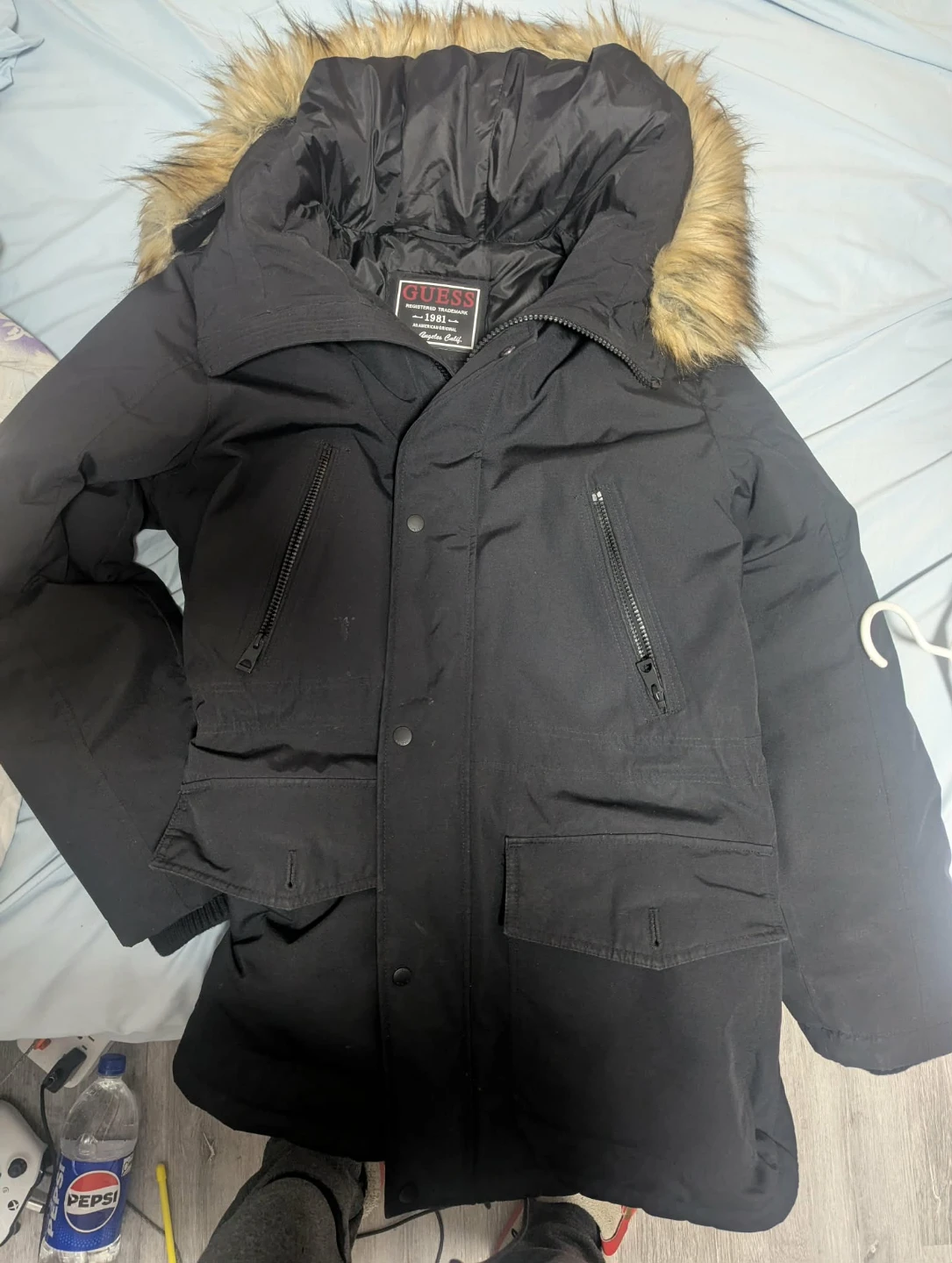 Guess Black Parka with Faux Fur Hood