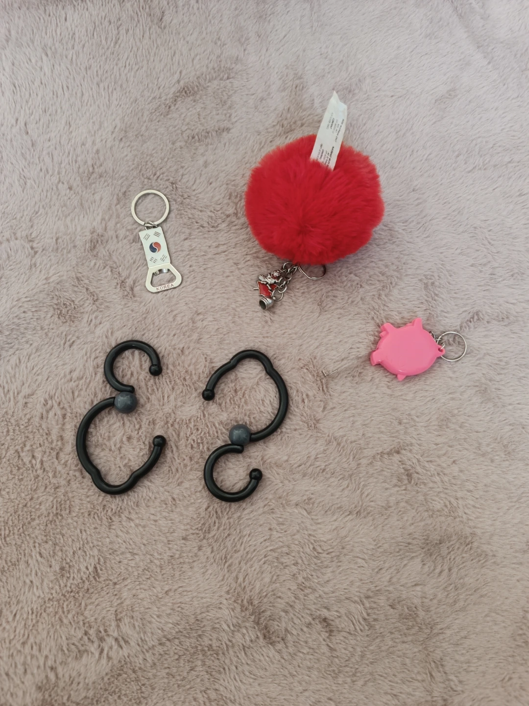 Keychain lot: Korea bottle opener, red pom pom, pig and hooks