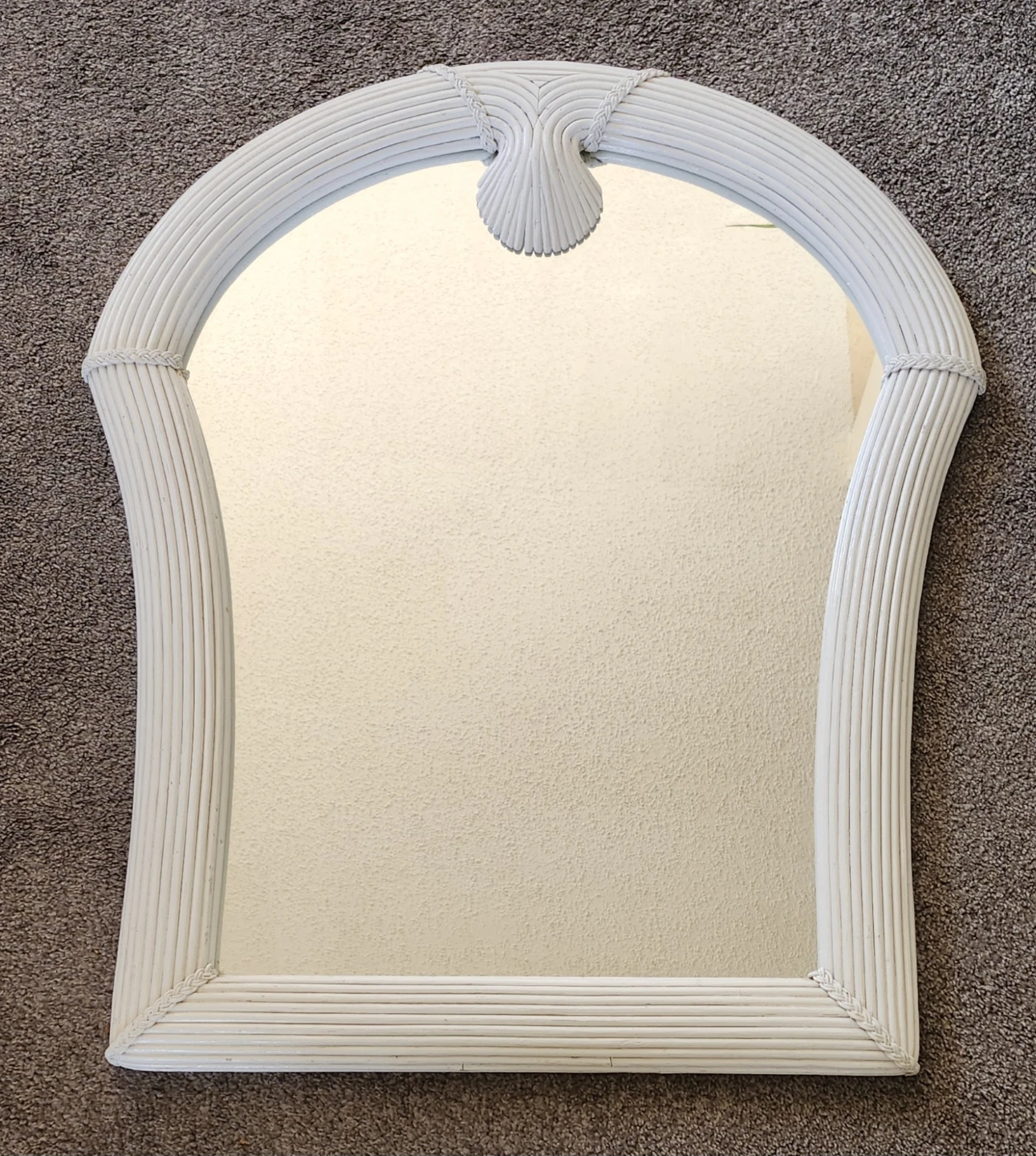 White Rattan Arch Mirror with Decorative Shell Accent