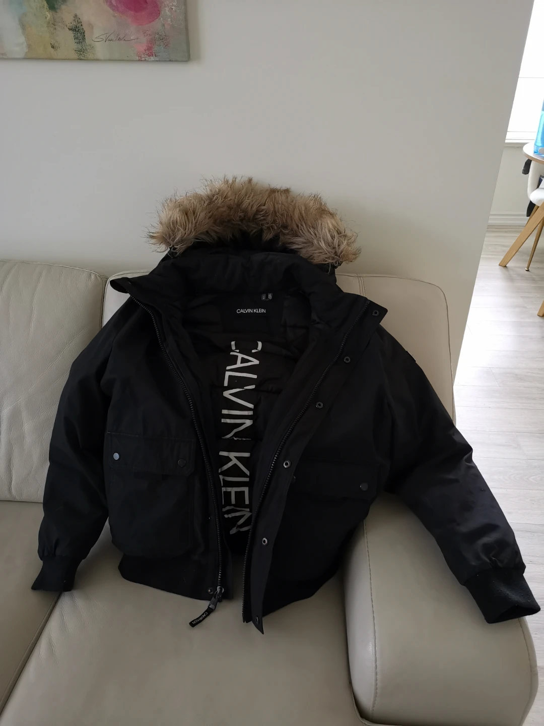 Calvin Klein Black Winter Bomber Jacket with Fur Hood - Medium