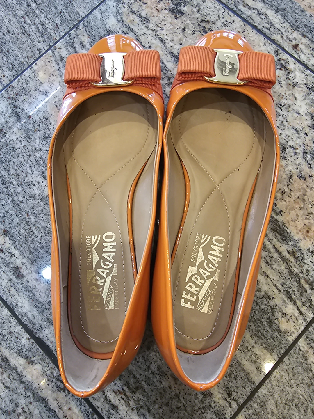 Salvatore Ferragamo Orange Patent Leather Varina Ballet Flats
