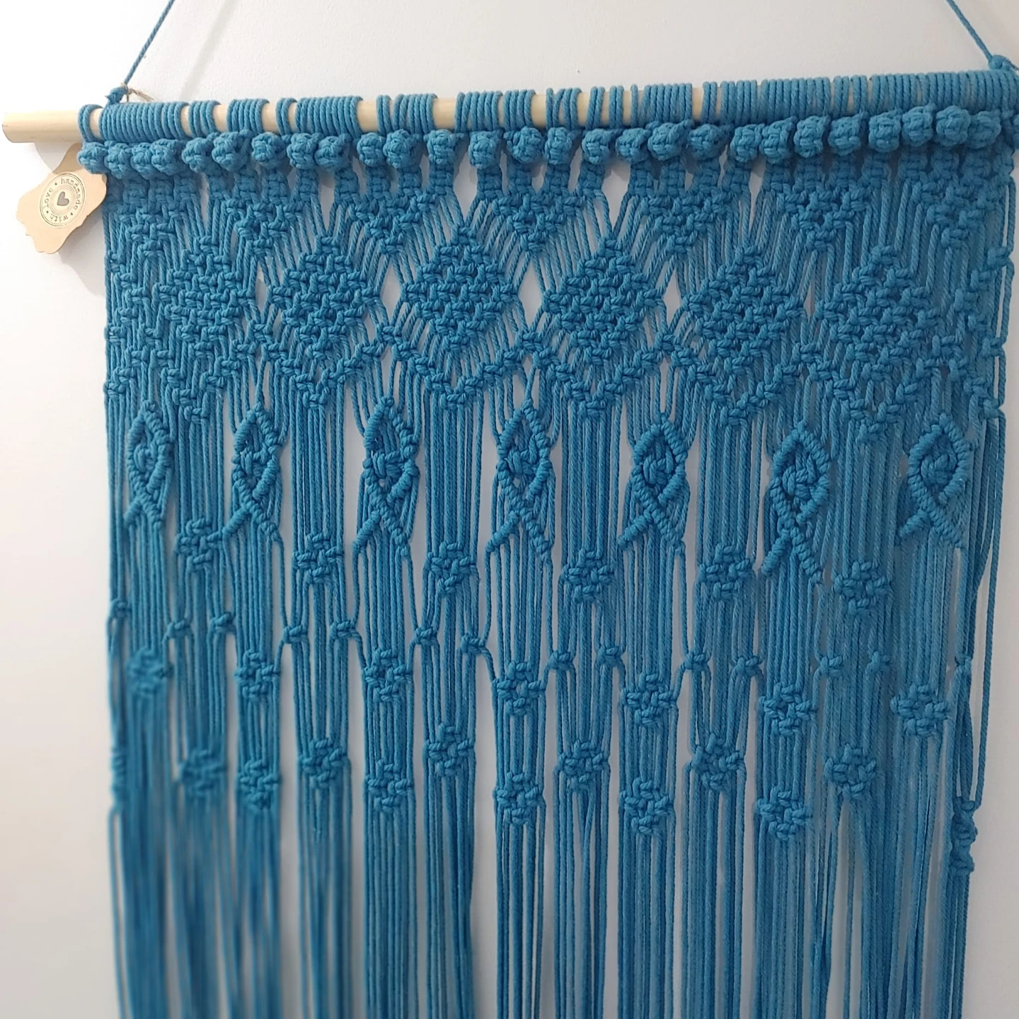 Blue Macrame Wall Hanging with Wooden Dowel