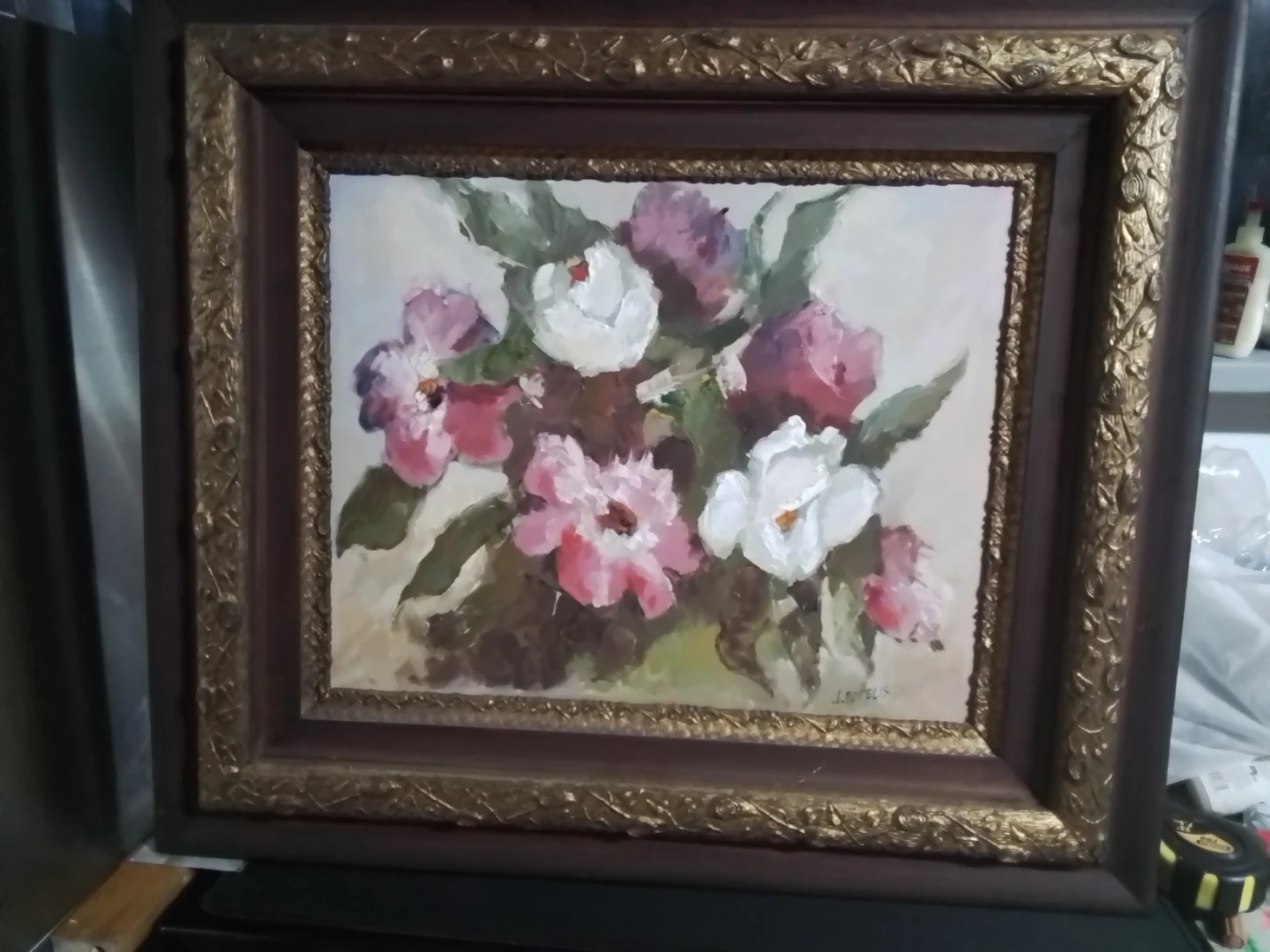 J Popelis Oil Painting Pujenes Piones,  1984 30x26"