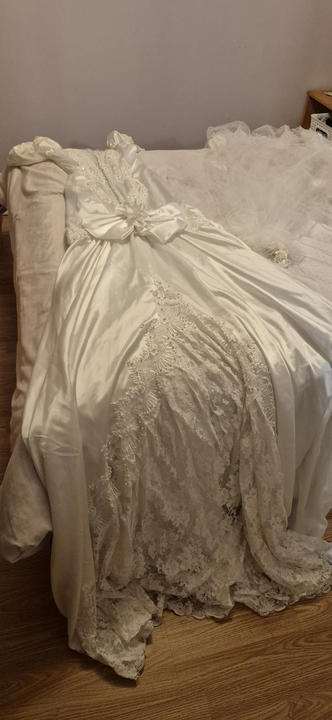 White Satin Wedding Dress with Lace Appliques