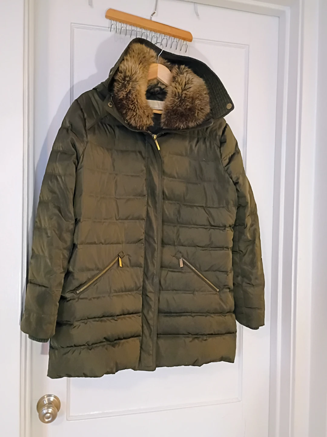 Michael Kors Puffer Coat with Faux Fur Hood - Khaki Green - XL