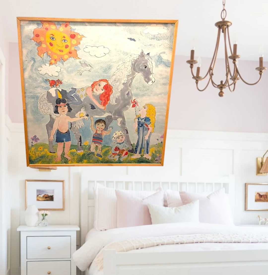 Extra large hand-painted silk "Children and Horse in the Garden. - photo 2