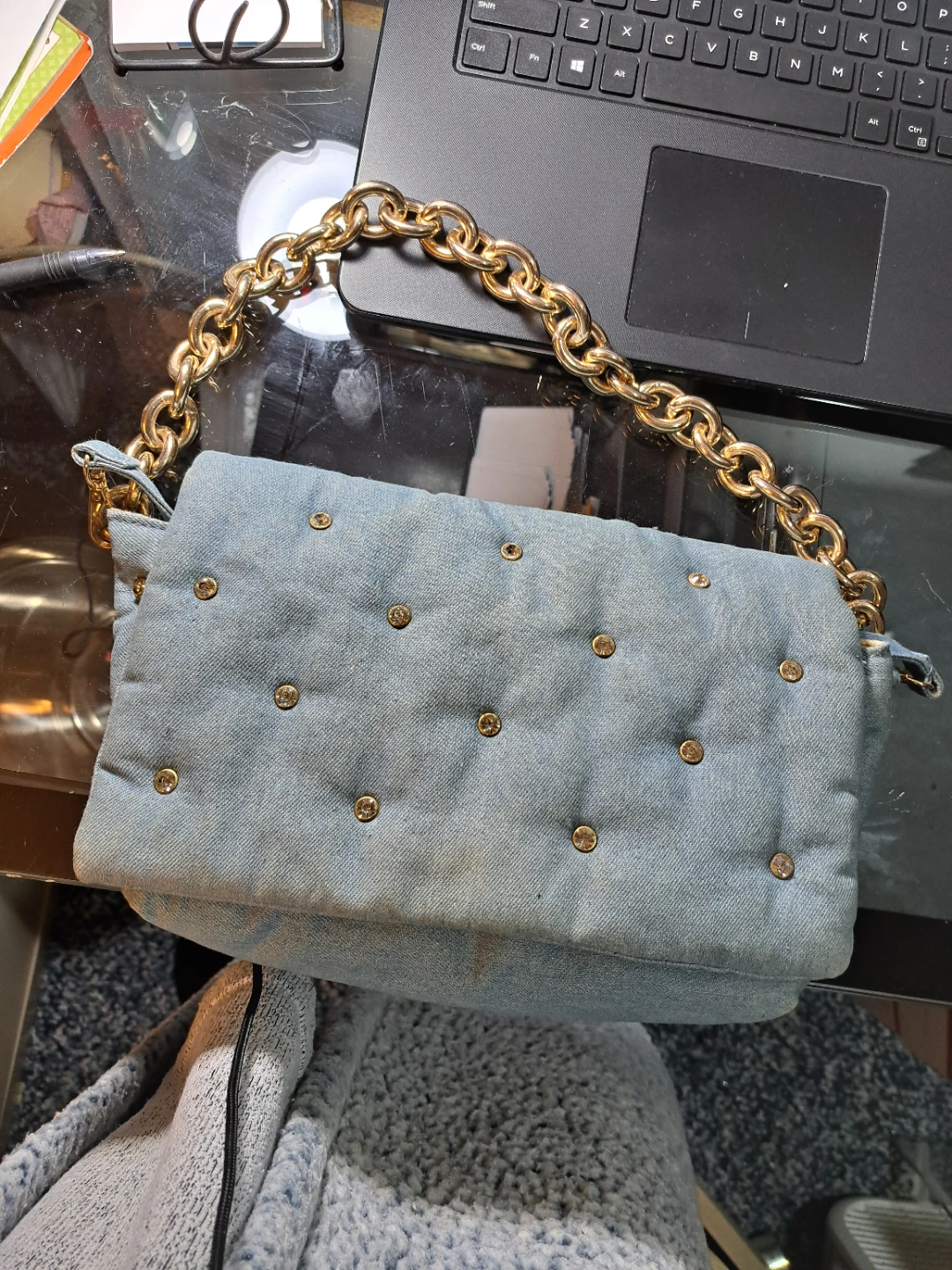 Light Wash Denim Quilted Shoulder Bag with Gold Chain
