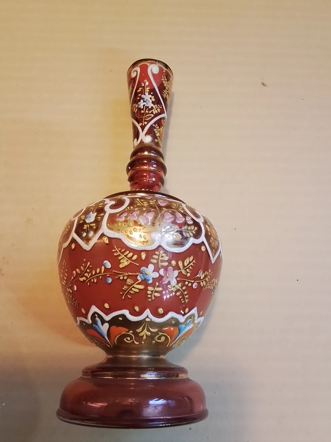Red Glass Decorative Hand-Painted Vase with Gold and Floral