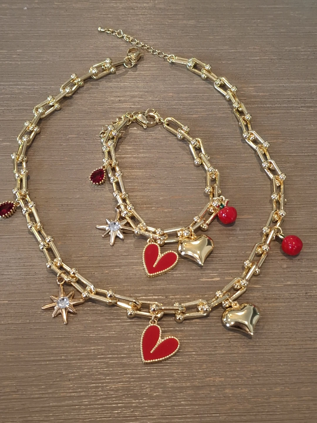 Gold Charm Necklace and Bracelet Set with Red Hearts