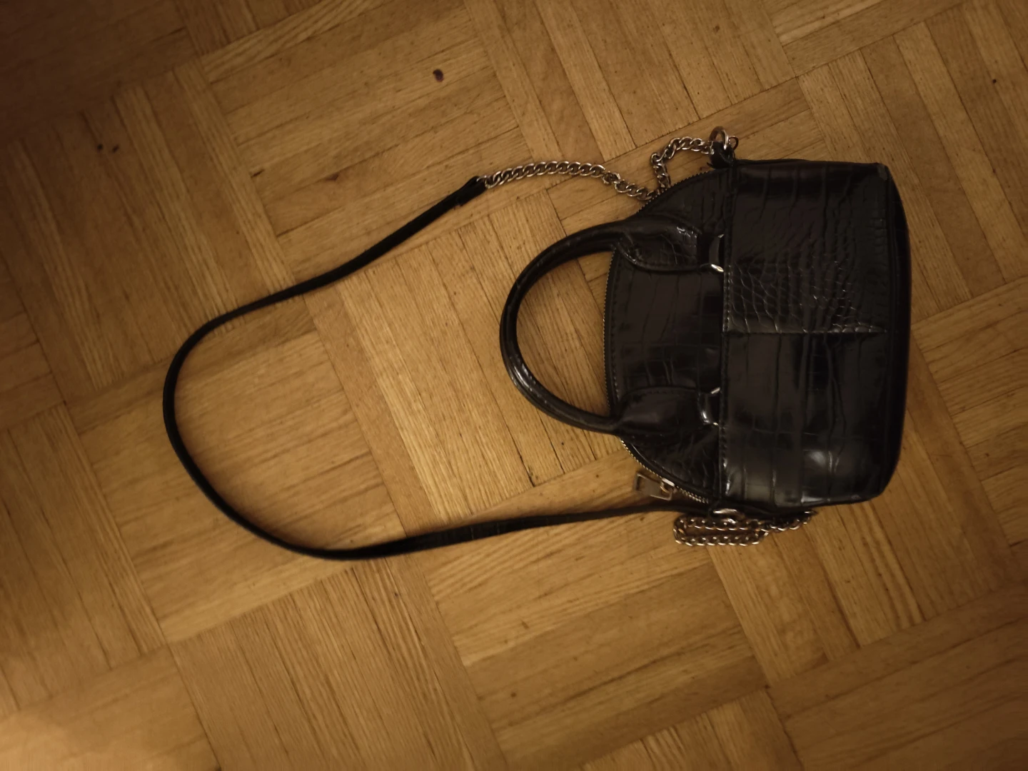 Black Faux Croc Top Handle Handbag with Chain Strap