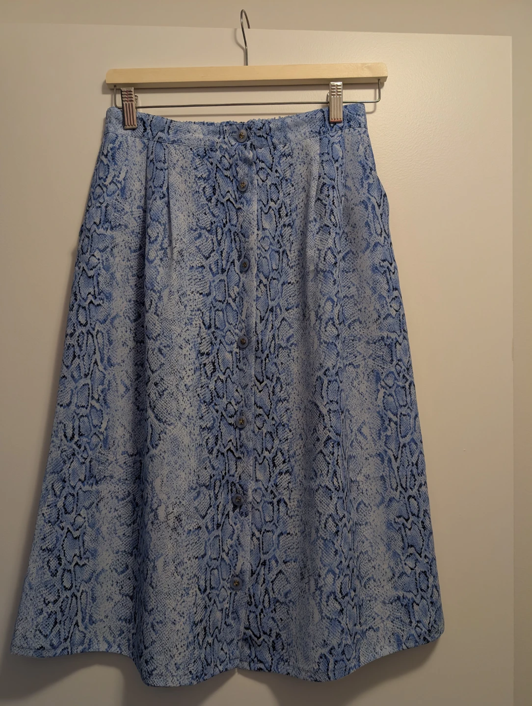 Blue Snake Print Button Front Midi Skirt