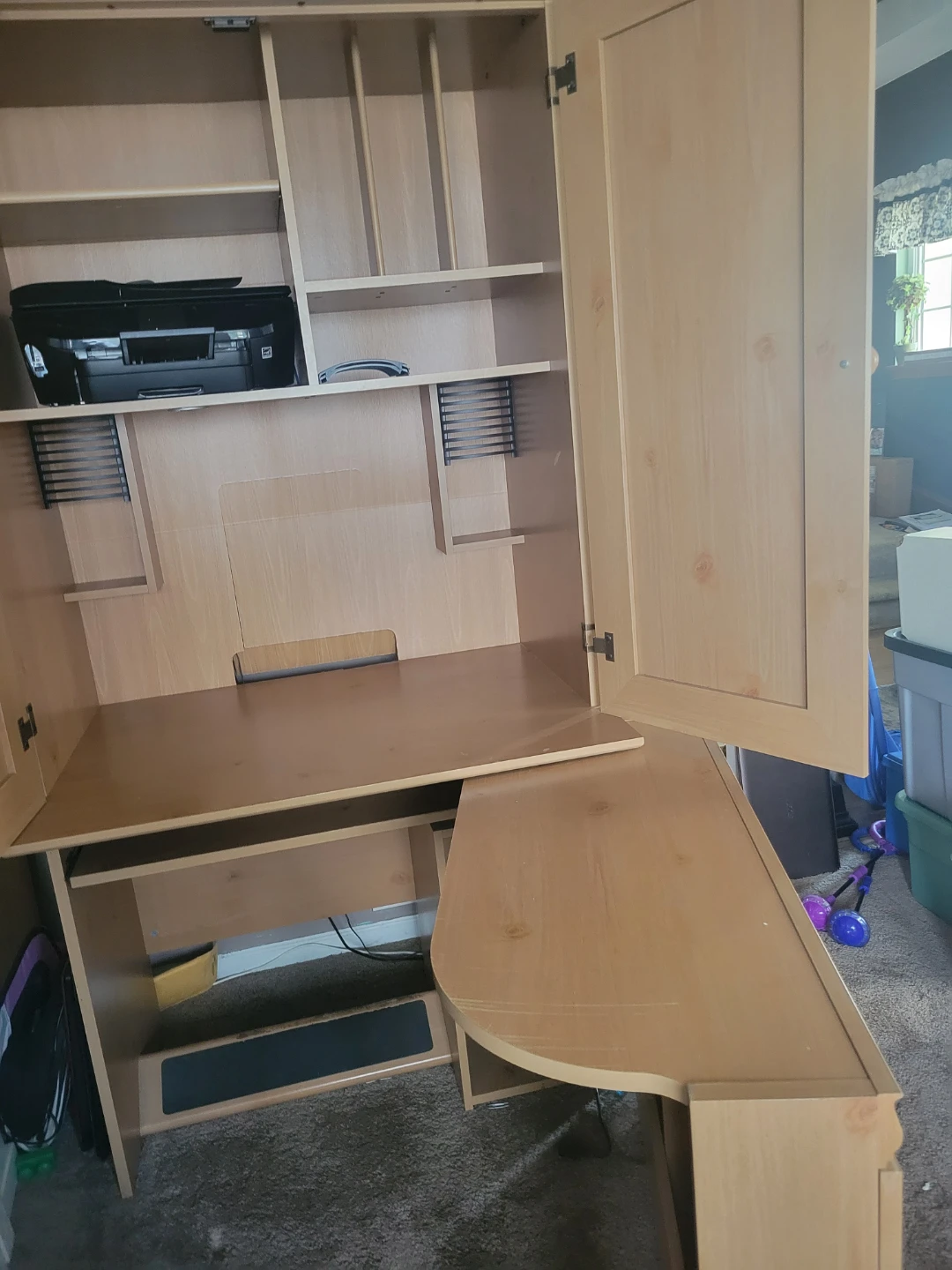 Light Wood Computer Desk Armoire with Storage