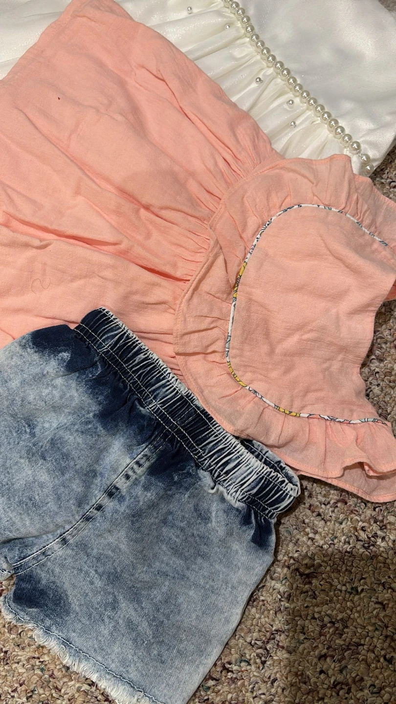 Toddler Girl Peach Dress and Denim Shorts Outfit